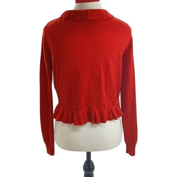 H&M Cardigan Sweater Red Knit Ruffle Open Front Wool Angora Womens Size M - Picture 5 of 7